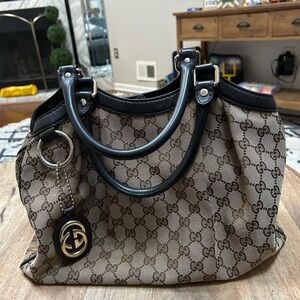 Gucci Beige and Black Monogram Shoulder Bag